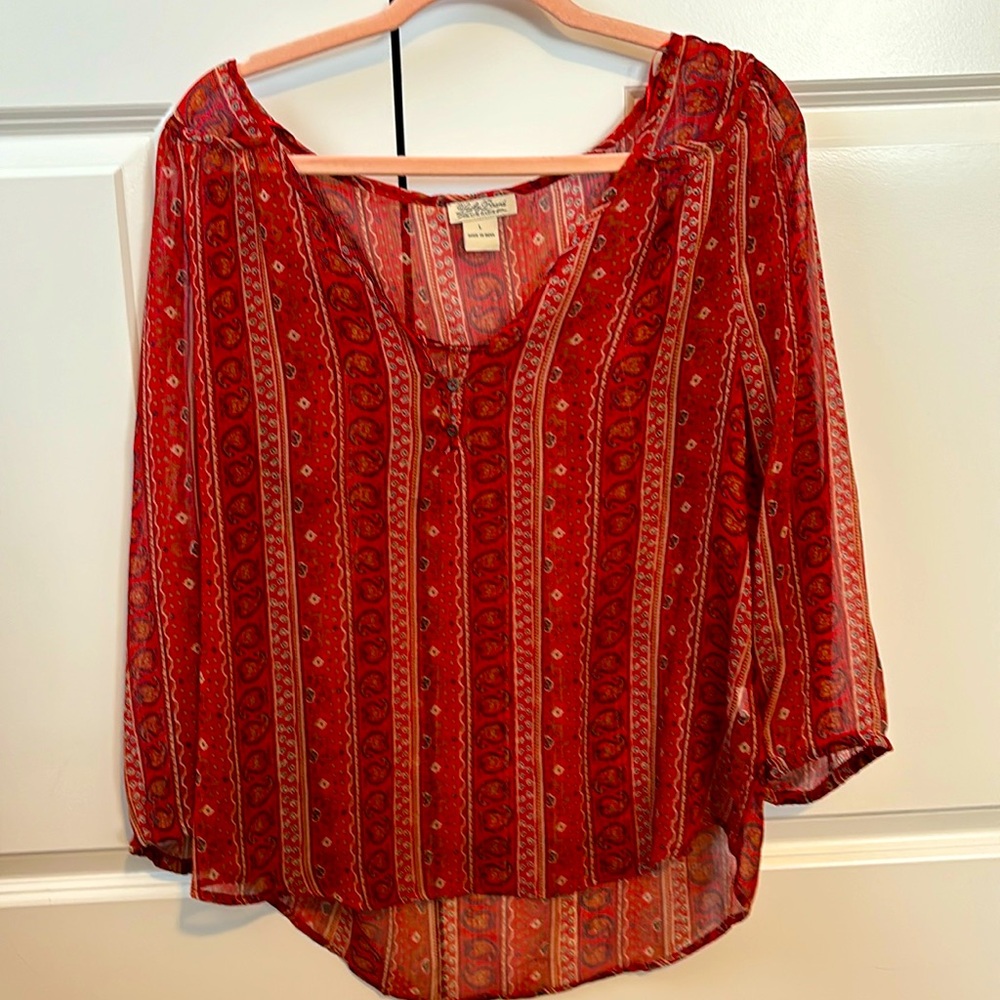 Lucky Brand red sheer blouse size large